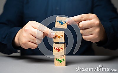 The mediator helps close the deal. Set dialogue of opponents. Stock Photo