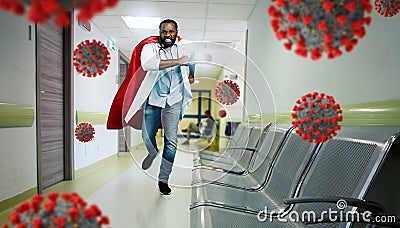 Medic acts like a superhero in hospital to fight pandemic of covid19 coronaviruses. Blue background Stock Photo