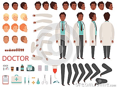 Medic animation. Doctor characters hospital medicine staff body parts and clothes vector creation kit Vector Illustration