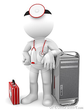 Medic with computer tower. Computer repair concept Stock Photo