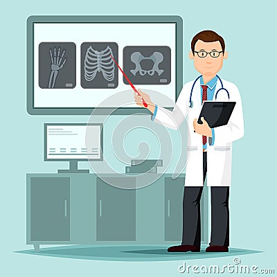 Medic or doctor pointing at x-ray before surgery Vector Illustration