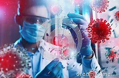 Medic with mask works on a solution for covid 19 virus. Concept of medical research Stock Photo