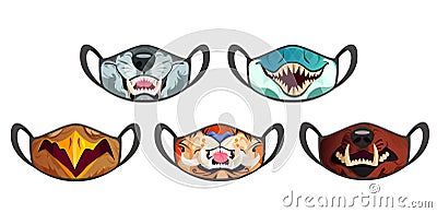 Medic masks with animal muzzles, scary roar beasts Vector Illustration