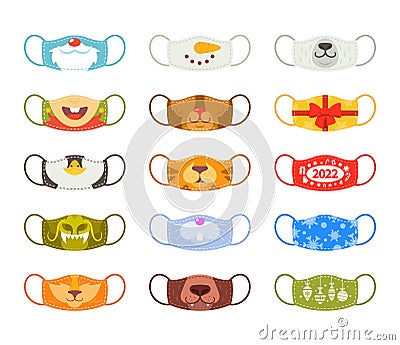 Medic Masks with Animal Muzzles and Xmas Characters, Cute Cartoon Fox, Tiger or Rabbit with Bear, Penguin, Dragon, Santa Vector Illustration