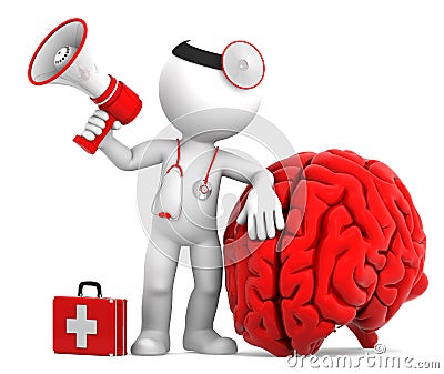 Medic with megaphone and big red brain Stock Photo