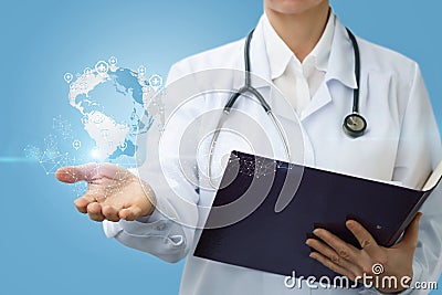 Medic shows a global network with locations service. Stock Photo