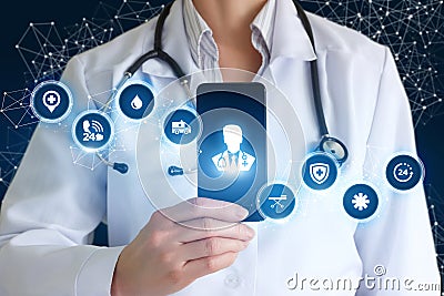 Medic shows on phone medical app . Stock Photo