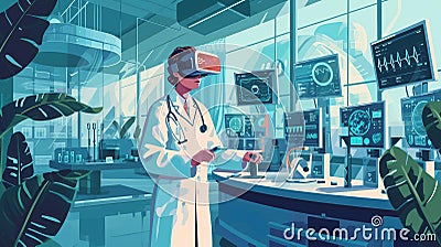 Medic in virtual glasses in medical laboratory Stock Photo