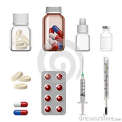 Medical accessories medicines jars tools realistic icons set vector illustration Vector Illustration