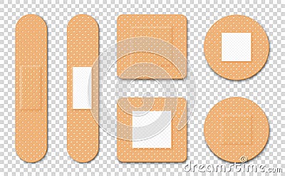 Medical adhesive plaster. Set of medical patches and bandages. Elastic and sticky tape for damaged skin Vector Illustration