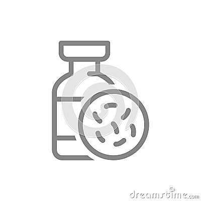 Medical ampoule and bacteria line icon. Vaccine, serum, antibodies, viruses, medical research symbol Vector Illustration