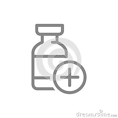 Medical ampoule and plus line icon. Treatment, successful, vaccine, serum, drug, vaccination symbol Vector Illustration