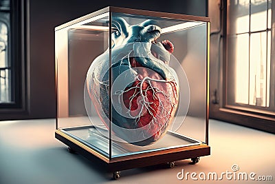 Medical anatomical mutated heart in a glas box, 3d render, Realistic heart, Soft light, Generative AI Stock Photo