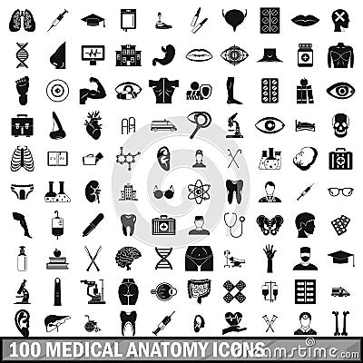 100 medical anatomy icons set, simple style Vector Illustration