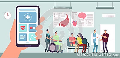 Medical app. Healthcare mobile phone application. Patient and nurse in doctor waiting room in hospital. Vector concept Vector Illustration