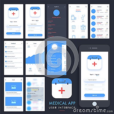 Medical App UI, UX and GUI kit. Stock Photo