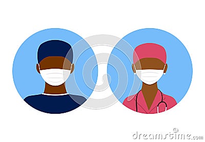 Medical avatars illustration of flat design. People icons collection, dark skin doctor and nurse in mask. Covid. Black Vector Illustration