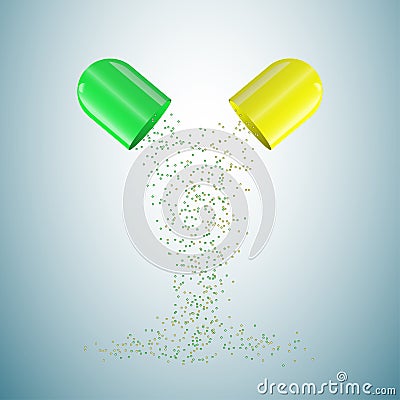 Medical background, inverted medical capsule with loose medicine on light blue background Stock Photo