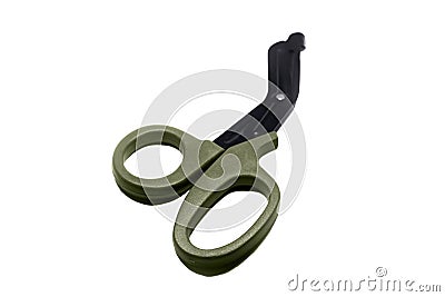 Medical bandage khaki scissors isolated on white background. trauma sheers. Stock Photo