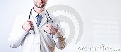 Medical banner doctor background. Happy nurse in hospital uniform, blue gloves holding patient clipboard isolated on Stock Photo