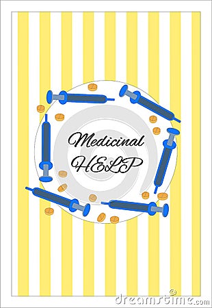 Medical banner in a flat style. Pharmaceutical. A sheet of paper with blue and beige lines. Syringes form a circle around Vector Illustration