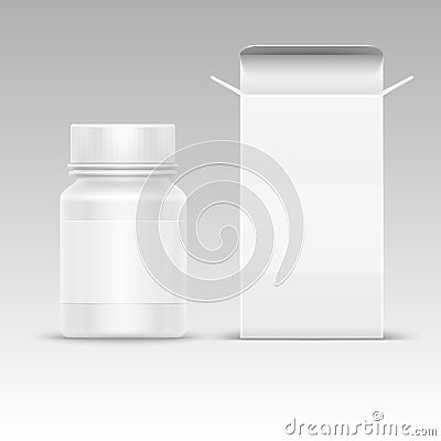 Medical blank packaging paper box and medicine plastic bottle for pills isolated on white vector illustration Cartoon Illustration
