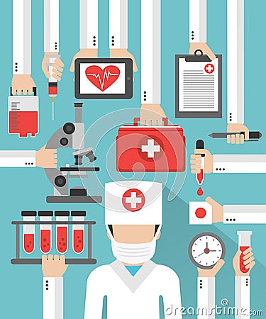 Medical blood analysis flat design with doctor in the mask Vector Illustration