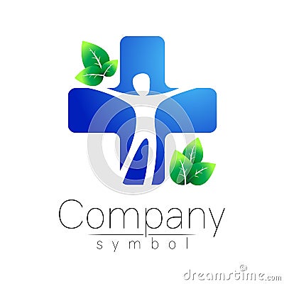 Medical blue cross and green leaves - vector logo template concept illustration. Medicine sign. Healthy symbol Vector Illustration