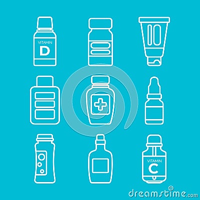 Medical Bottles with medicines and vitamins. White Linear Icons. Isolated elements on a blue background. Vector illustration Vector Illustration