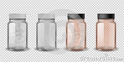 Medical bottles. Realistic plastic pill full and empty bottle set, vitamin capsule in transparent container front view Vector Illustration
