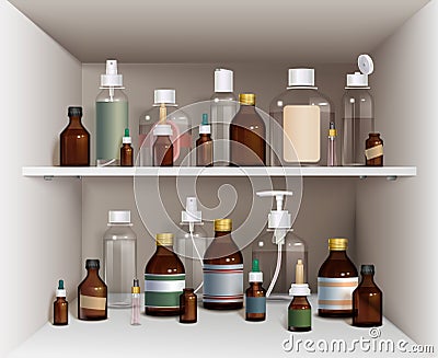 Medical Bottles On Shelves Set Vector Illustration