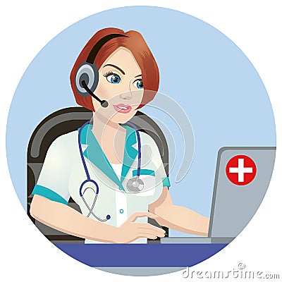 Medical call center operator at work. isolated on white background. Emergency concept with medical helpline operator Vector Illustration