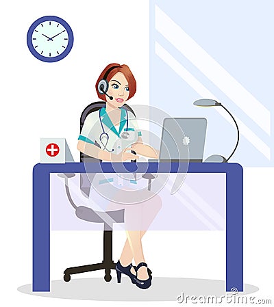 Medical call center operator at work. on white background. Emergency concept with medical helpline operator Vector Illustration