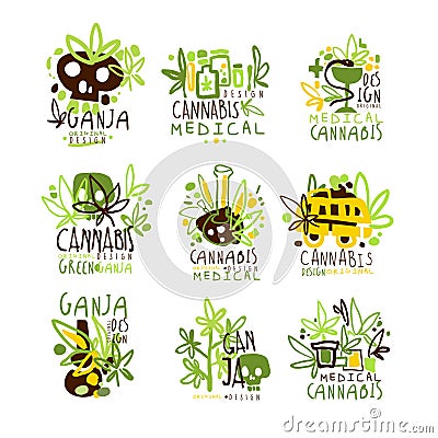 Medical Cannabis Colorful Graphic Design Template Logo Series,Hand Drawn Vector Stencils Vector Illustration