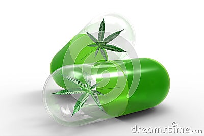 Medical capsules with cannabis leaf, alternative medicine concept Cartoon Illustration