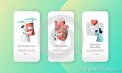 Medical Cardiology Worker Care Heart Health Mobile App Page Onboard Screen Set. Pill for Treatment. Emergency First Aid Vector Illustration