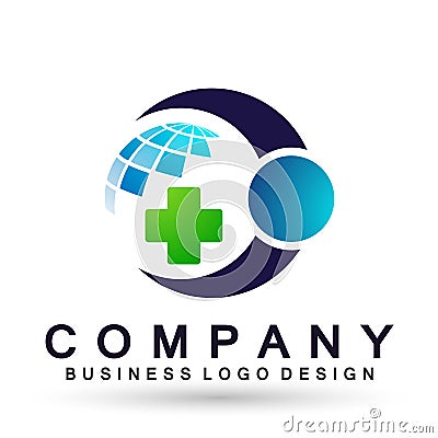 Medical care cross globe family health concept logo icon element sign on white background Cartoon Illustration