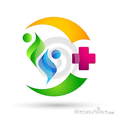 Medical care cross globe family health concept logo icon element sign on white background Cartoon Illustration