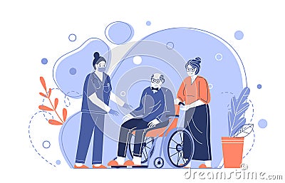 Medical care for the elderly. A nurse helps Grandpa in a wheelchair. Taking care of pensioners. Vector Illustration