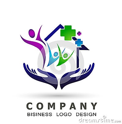 Medical care globe home roof family health cross clinic wellness concept logo icon element sign on white background. Cartoon Illustration
