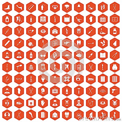 100 medical care icons hexagon orange Vector Illustration