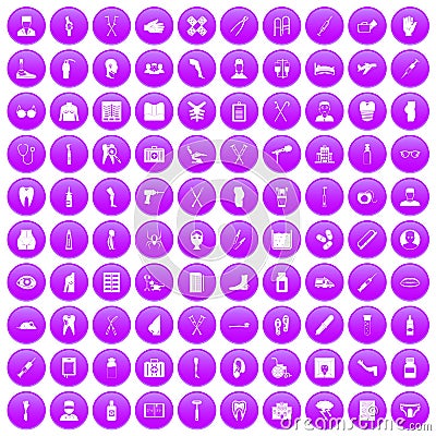 100 medical care icons set purple Vector Illustration