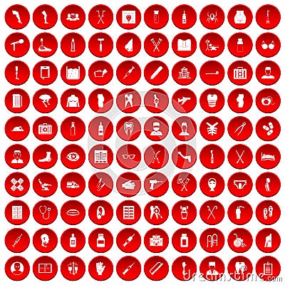 100 medical care icons set red Vector Illustration