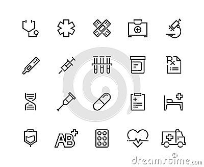 Medical care line icons. Family healthcare, patient treatment, medical insurance, cardiology surgery. Clinic equipment Vector Illustration