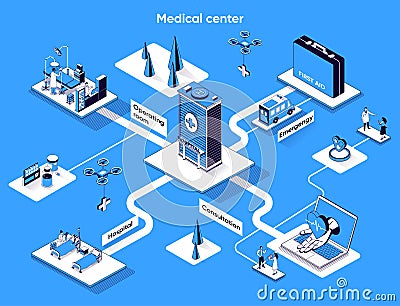 Medical center isometric web banner. Doctor consultation and treatment flat isometry concept. Emergency, hospital Vector Illustration