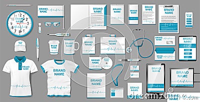 Medical Center or Pharmacy Branding identity design. Pharmacy Stationery mockup template elements, brochure, advertising Vector Illustration