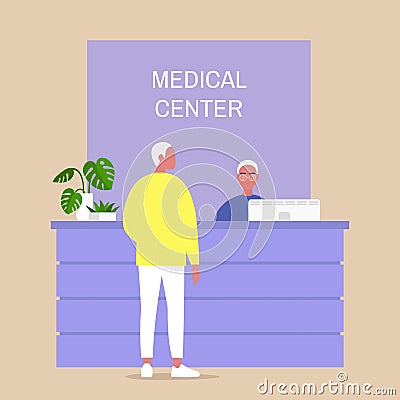 Medical center reception desk, young male character waiting for a doctor appointment, healthcare and lifestyle Stock Photo