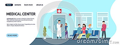 Medical center web template. Hospital vector landing page concept. Doctor diagnosing patient in hospital Vector Illustration