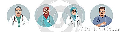 Medical Characters Portraits. Middle Eastern Medics. Arab doctors and nurses portraits, team of doctors concept. Muslim Vector Illustration