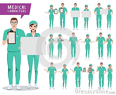 Medical characters vector set. Doctor, nurse and medical staff holding white board Vector Illustration